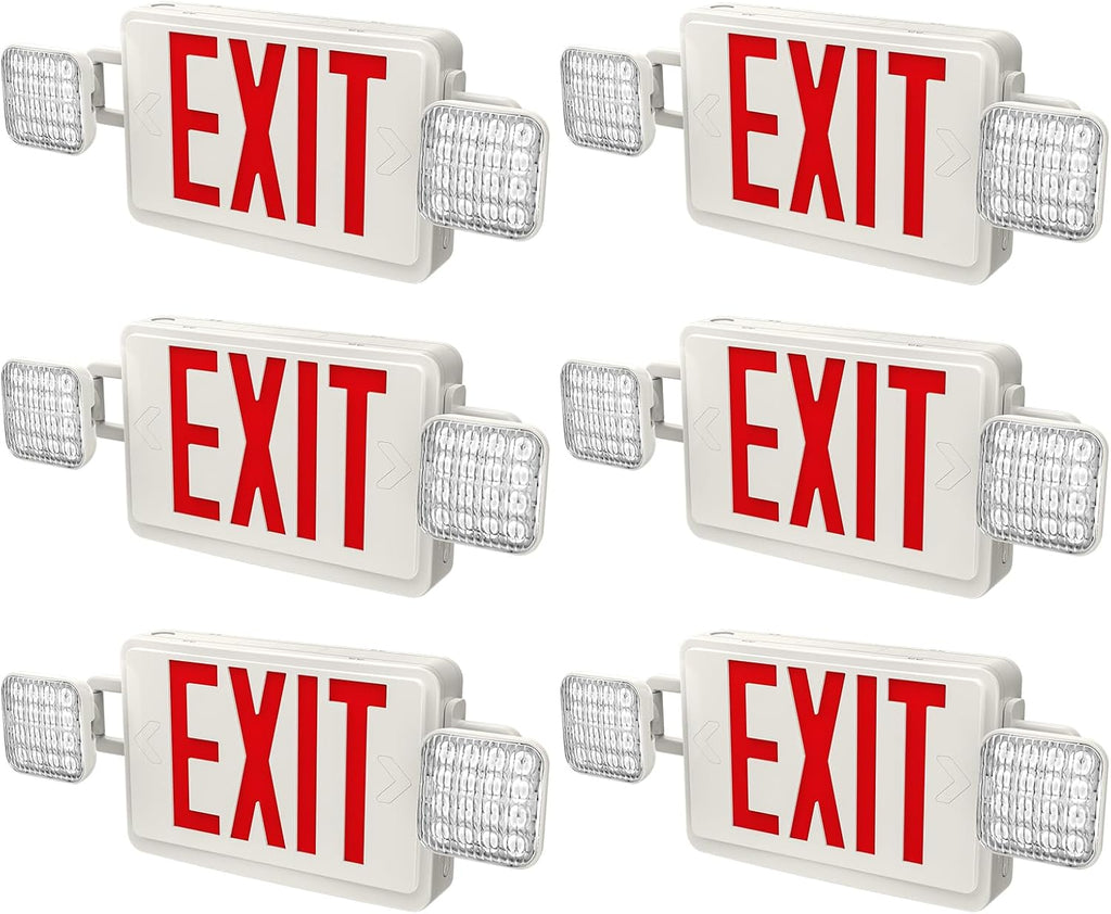 6 Packs Red Exit Sign with Emergency Lights, LED Emergency Exit Light with Battery Backup, UL Listed, AC 120/277V, Commercial Emergency Lights Combo for Business/Home.