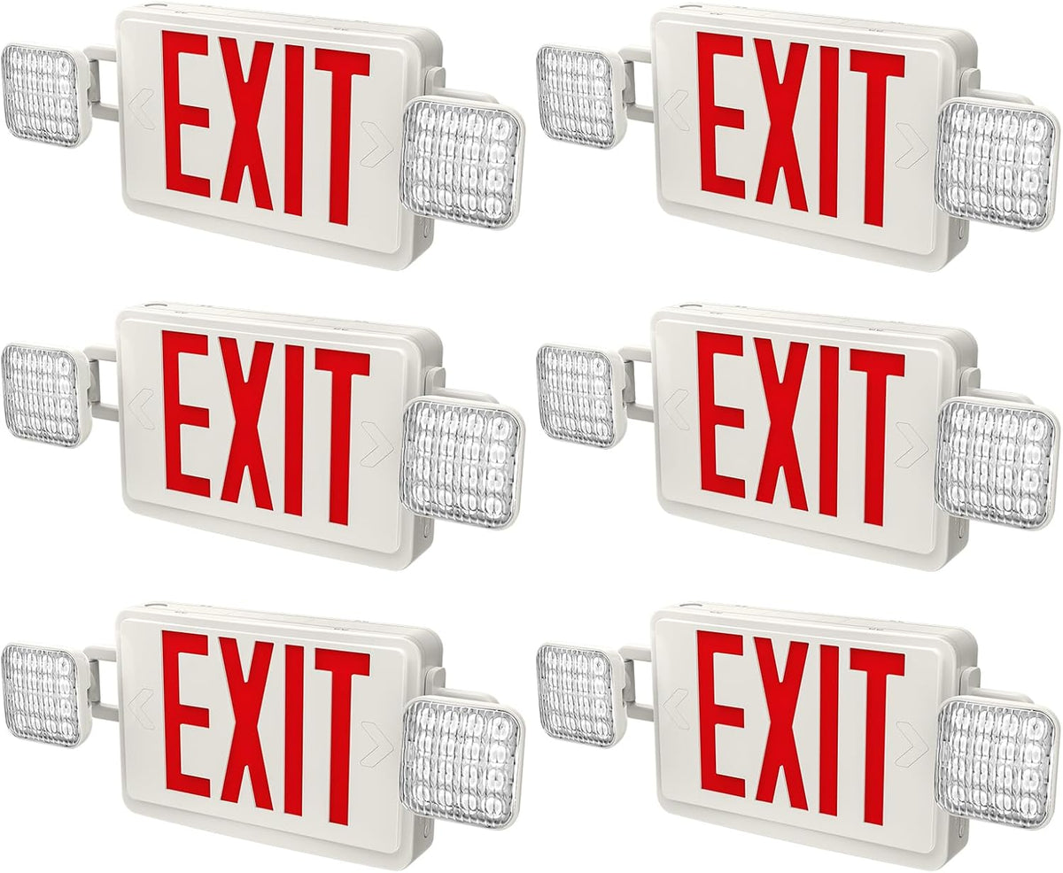 6 Packs Red Exit Sign with Emergency Lights, LED Emergency Exit Light with Battery Backup, UL Listed, AC 120/277V, Commercial Emergency Lights Combo for Business/Home.