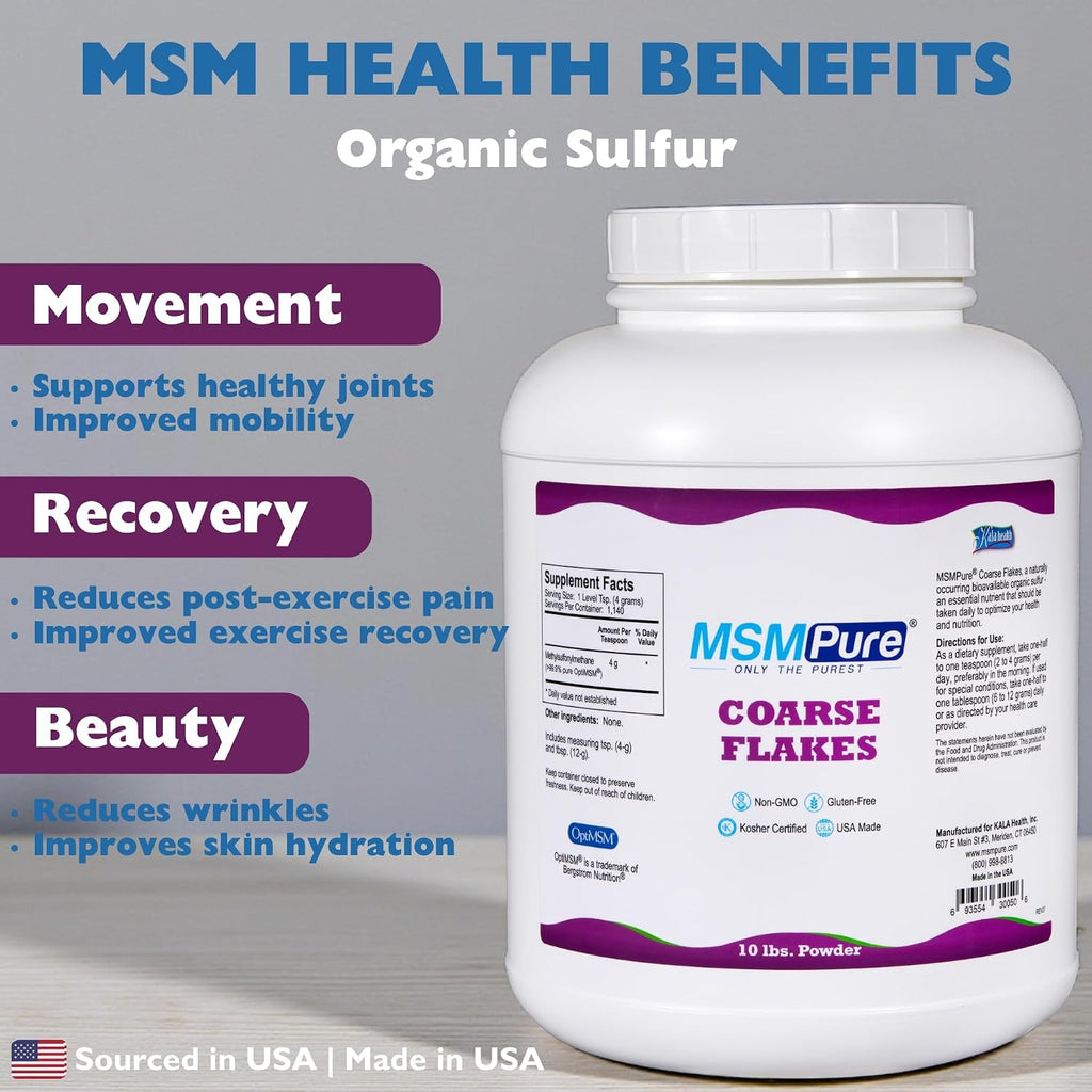 KALA HEALTH MSMPure Coarse MSM Powder Flakes – US-Made MSM for Joint Health, Skin Appearance, and Hair & Nail Support – 10 lb, Organic Sulfur