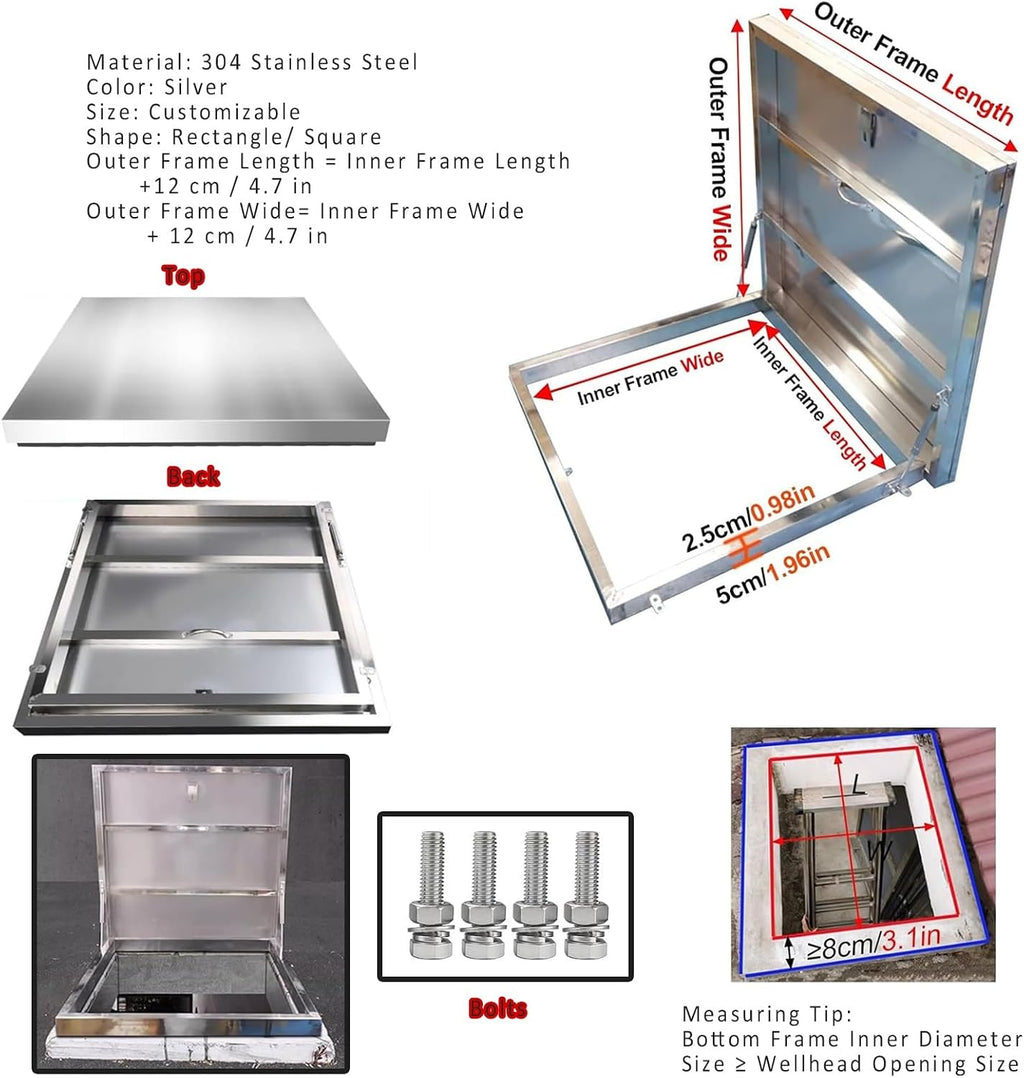 Outdoor Emergency Accesses Hatch Covers, Skylight Cover for Sloped Roof Attic with Hasp Latch Bolts, Stainless Steel Heavy Duty Maintenance Door Escape Exit Lid