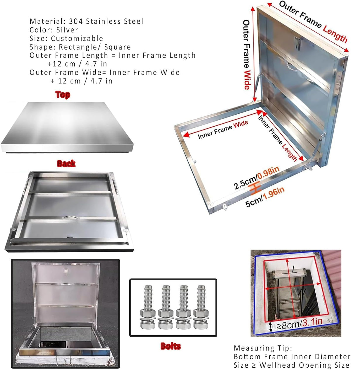 Outdoor Emergency Accesses Hatch Covers, Skylight Cover for Sloped Roof Attic with Hasp Latch Bolts, Stainless Steel Heavy Duty Maintenance Door Escape Exit Lid