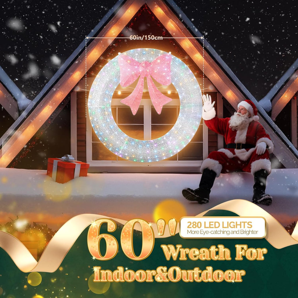 VINGLI 60IN Prelit Outdoor Christmas Wreath Decoration, Large Silver Lighted Metal Front Door Garland with Pink Bow, 280 RGB & Red LED Lights for Gate Wall Porch Indoor Outdoor Holiday Party Decor