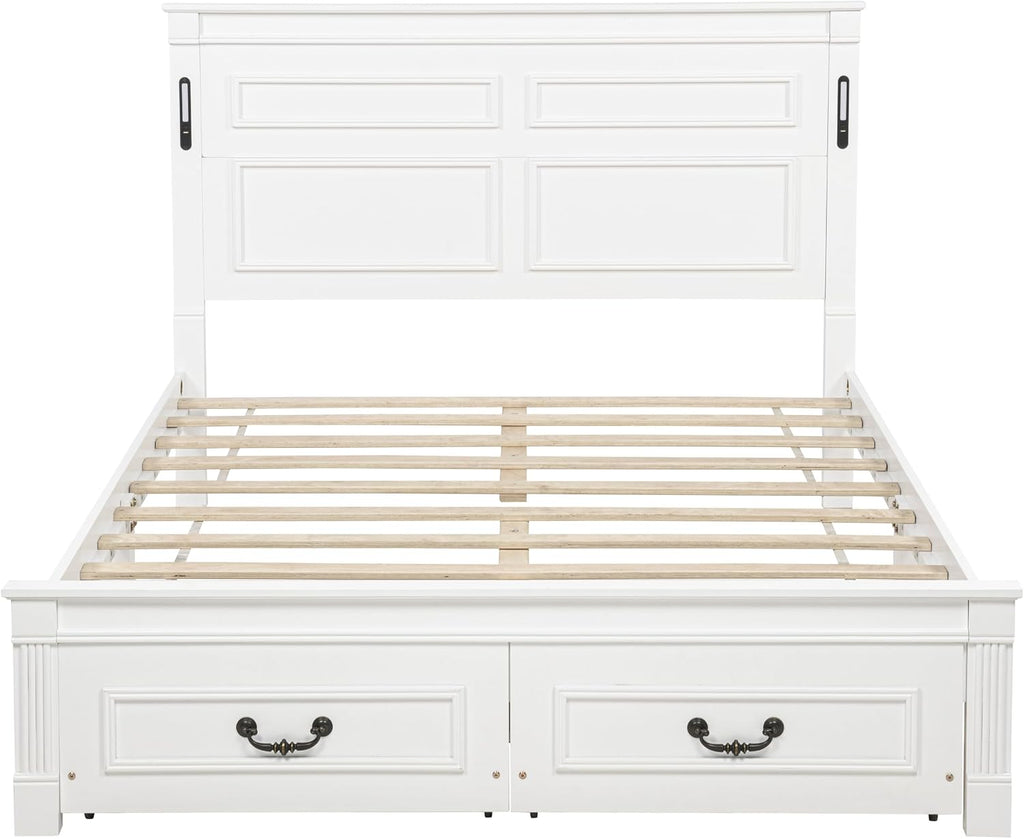 Queen Size Wood Platform Bed with Headboard, LED Light & Charging Station, Elegant Rustic Style Platform Bed Frame with Storage Drawers, No Box Spring Needed, Space Saving Design, White