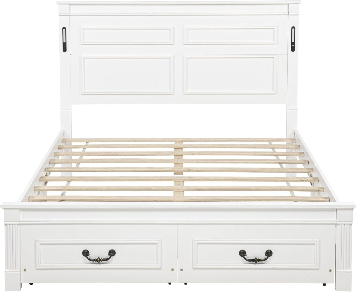 Queen Size Wood Platform Bed with Headboard, LED Light & Charging Station, Elegant Rustic Style Platform Bed Frame with Storage Drawers, No Box Spring Needed, Space Saving Design, White