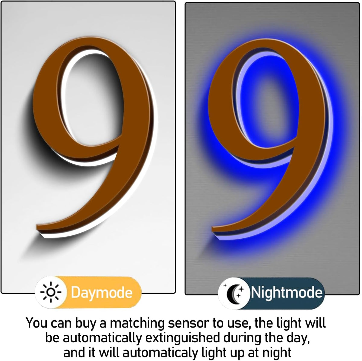 Backlit Illuminated LED House Numbers For Outside 20 Inch, Stainless Steel Illuminated LED Home Address Numbers, Large Modern Lighted Address Signs, Brown, Blue Light,1