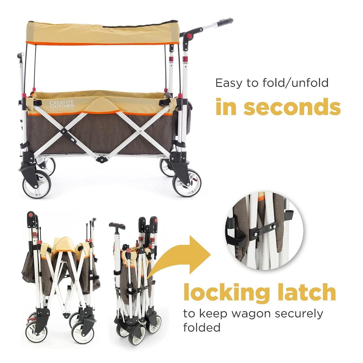 Creative Outdoors Push Pull Ultra Compact Folding Stroller Wagon with Canopy for Camping, Beach, Park, Sporting Events, Supports up to 150lbs, Brown/Tan