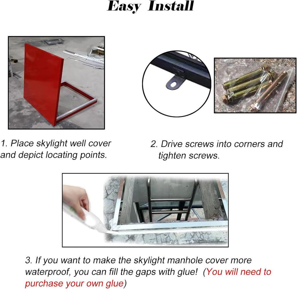 Outdoor Metal Attic Roof Hatches, Red Rectangular Basement Exit Covers with Hasp Latch Gas Shock Strut, Heavy Duty Roof Hatch Cover Plate