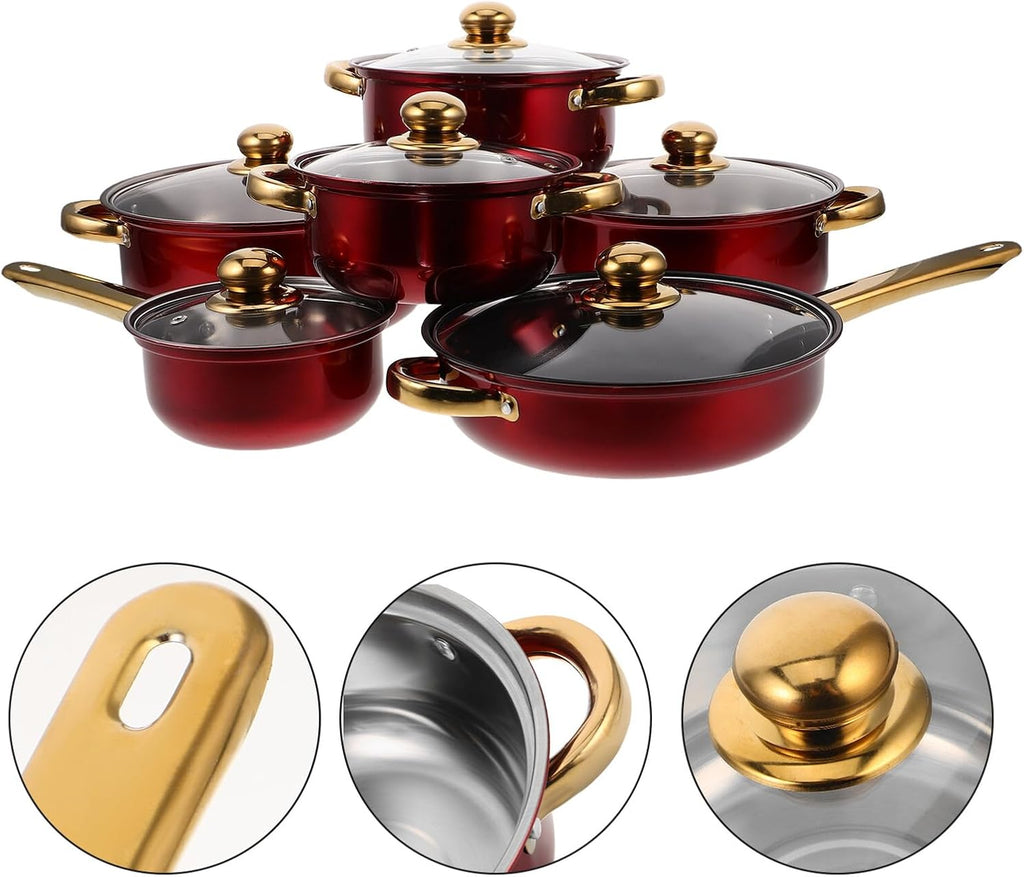 Nonstick Stainless Steel Cookware Set with Heat-resistant Gold Handles Versatile Pots and Frying Pans for Healthy Cooking and Easy Cleaning Stylish Kitchen Essential in Wine Red