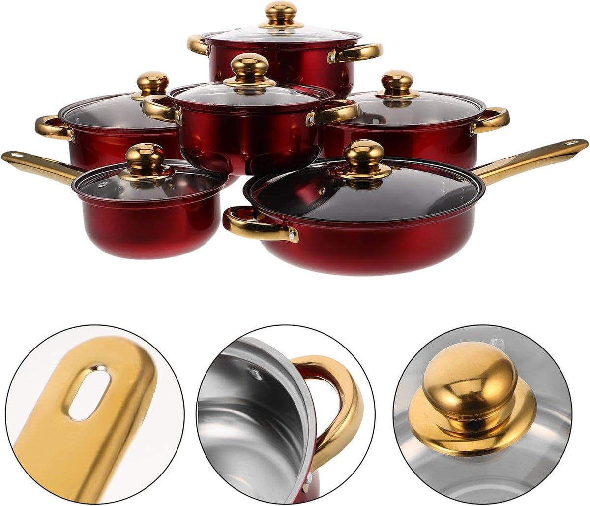 Nonstick Stainless Steel Cookware Set with Heat-resistant Gold Handles Versatile Pots and Frying Pans for Healthy Cooking and Easy Cleaning Stylish Kitchen Essential in Wine Red