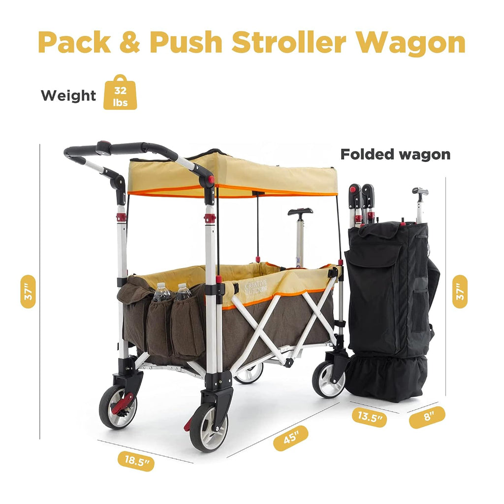 Creative Outdoors Push Pull Ultra Compact Folding Stroller Wagon with Canopy for Camping, Beach, Park, Sporting Events, Supports up to 150lbs, Brown/Tan