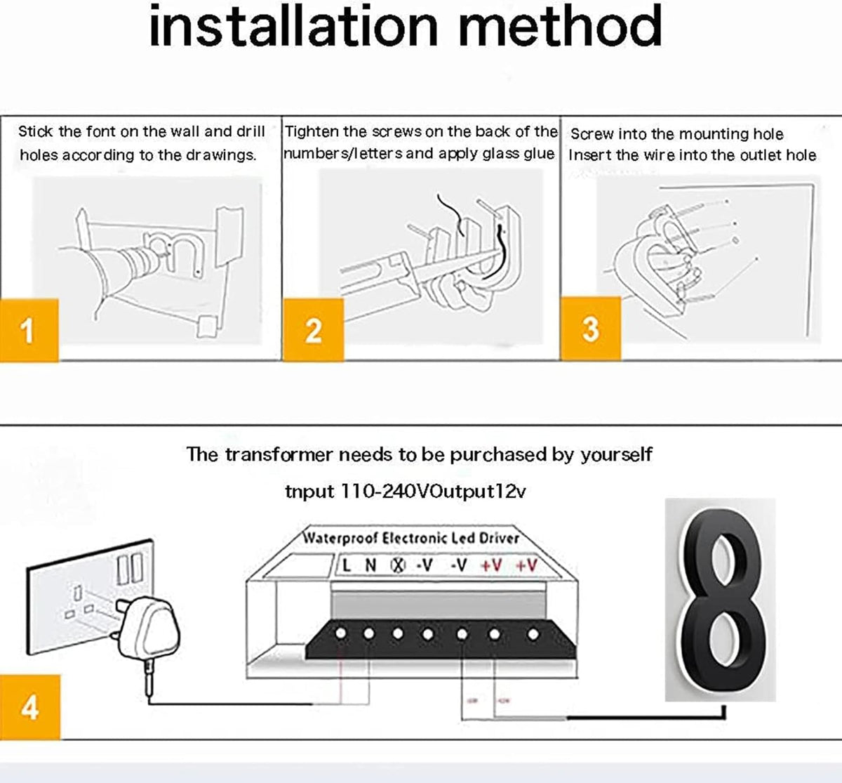 Modern Illuminated LED Home Address Numbers, 20' Stainless Steel Backlit LED House Numbers Signs, Lighted Up Address Number For Outdoor,L