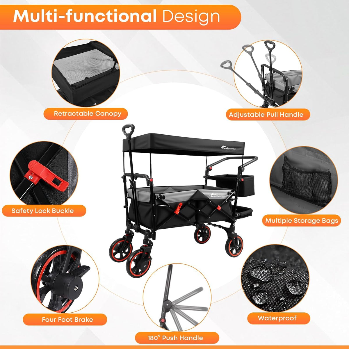 Wagon Stroller with Canopy,Large Capacity Trolley, Foldable Portable Cart with Canopy, Adjustable Push/Pull Handle, Shock-Absorbing Wheels, Suitable for Shopping,Traveling-B