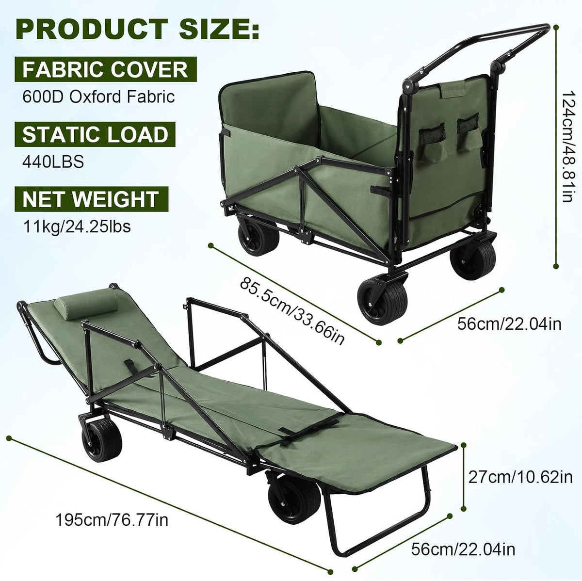 2 in 1 Heavy Duty Foldable Collapsible Wagon Cart 440LBS Capacity with All Terrain Wheels Multifunctional Utility Cart for Sports Garden and Camping