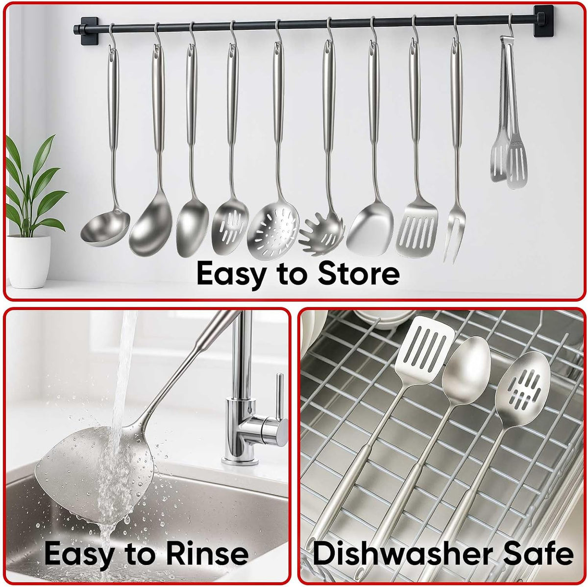 Newness 11 Pcs Cooking Utensils Set, 304 Stainless Steel Kitchen Utensils Set, Metal Kitchen Accessories, Include Soup Ladle, Slotted Skimmer Spoon, Spaghetti Spoon and Spatula, Dishwasher Safe