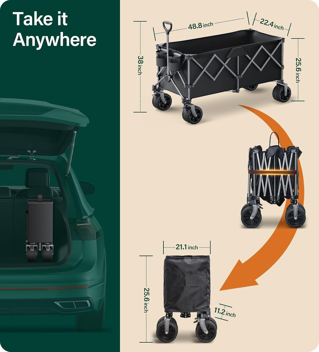 440Lbs Collapsible Wagon Cart with Big Wheels,Utility Wagons with Weight Capacity,Heavy Duty Wagon with Excellent Steering,Ideal for Camping,Gargen,Transport,Outdoor Sports