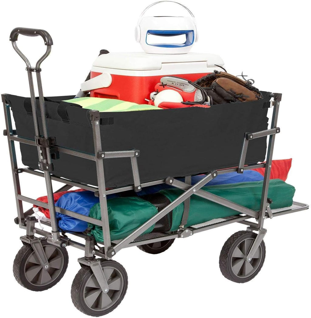 MacSports Double Decker Heavy Duty Steel Frame Collapsible Outdoor 150 Pound Capacity Yard Cart Utility Garden Wagon with Lower Storage Shelf, Black
