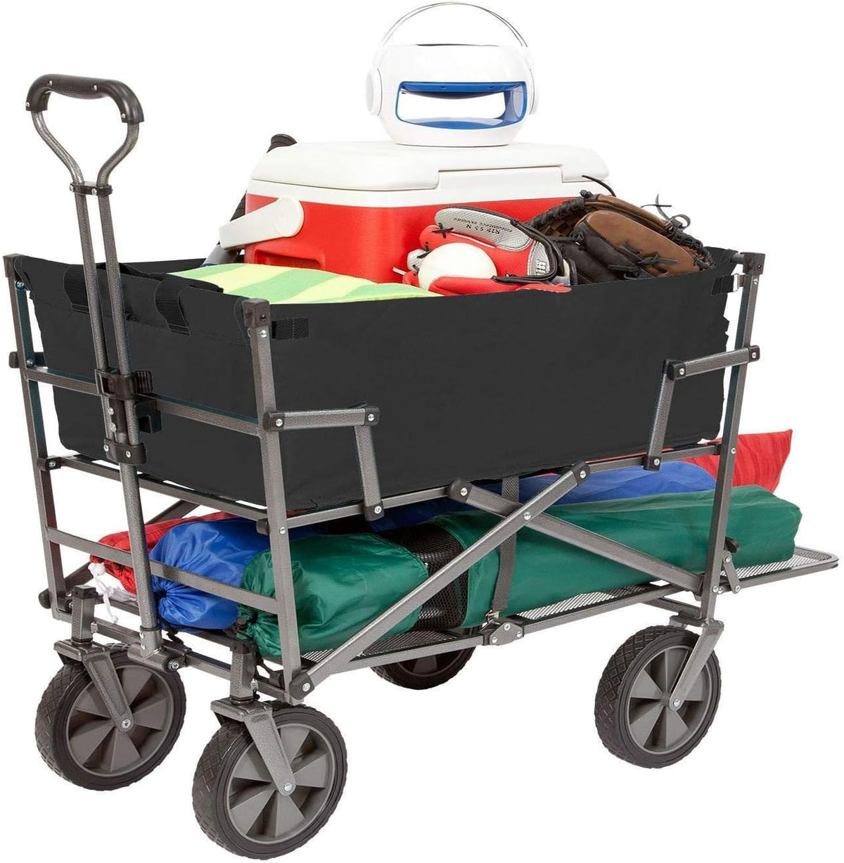 MacSports Double Decker Heavy Duty Steel Frame Collapsible Outdoor 150 Pound Capacity Yard Cart Utility Garden Wagon with Lower Storage Shelf, Black