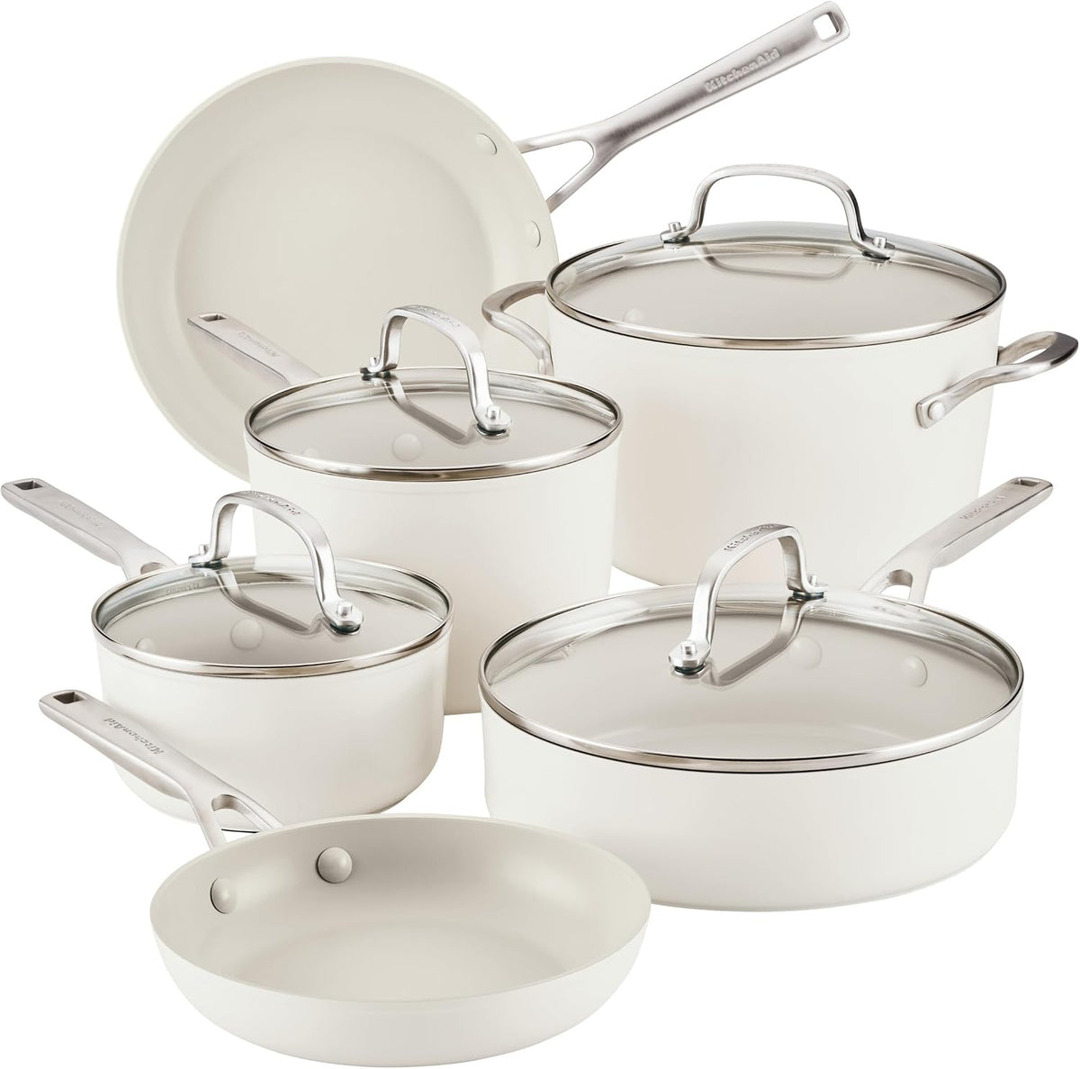 KitchenAid Hard Anodized Ceramic Nonstick Pots and Pans Set with Saucepans, Frying Pans, Stockpot, and Lids, 10 Piece Non Stick Cookware Set with Stainless Steel Handles - Porcelain White