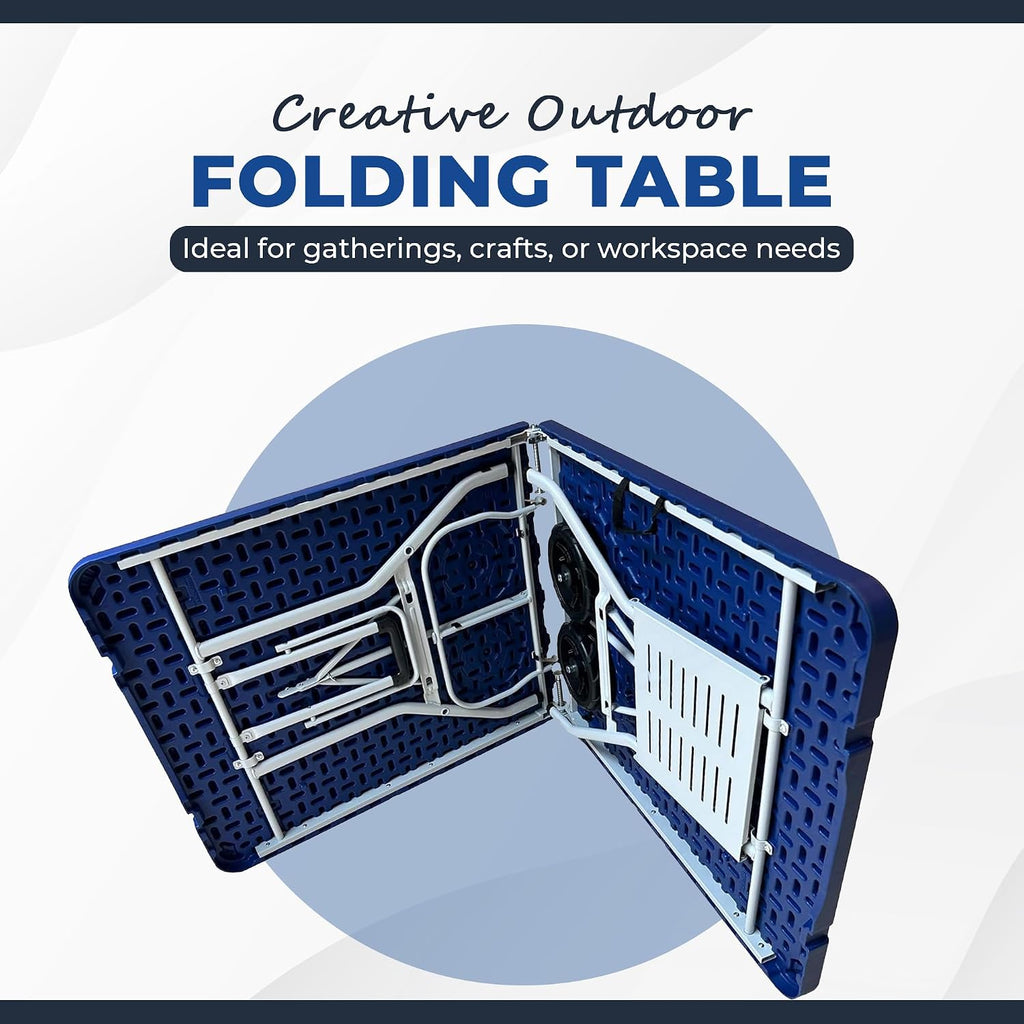 Creative Outdoor Folding Table and Chairs, 6 Ft, Built-in Wheels, Portable Durable Plastic (Blue & Gray)