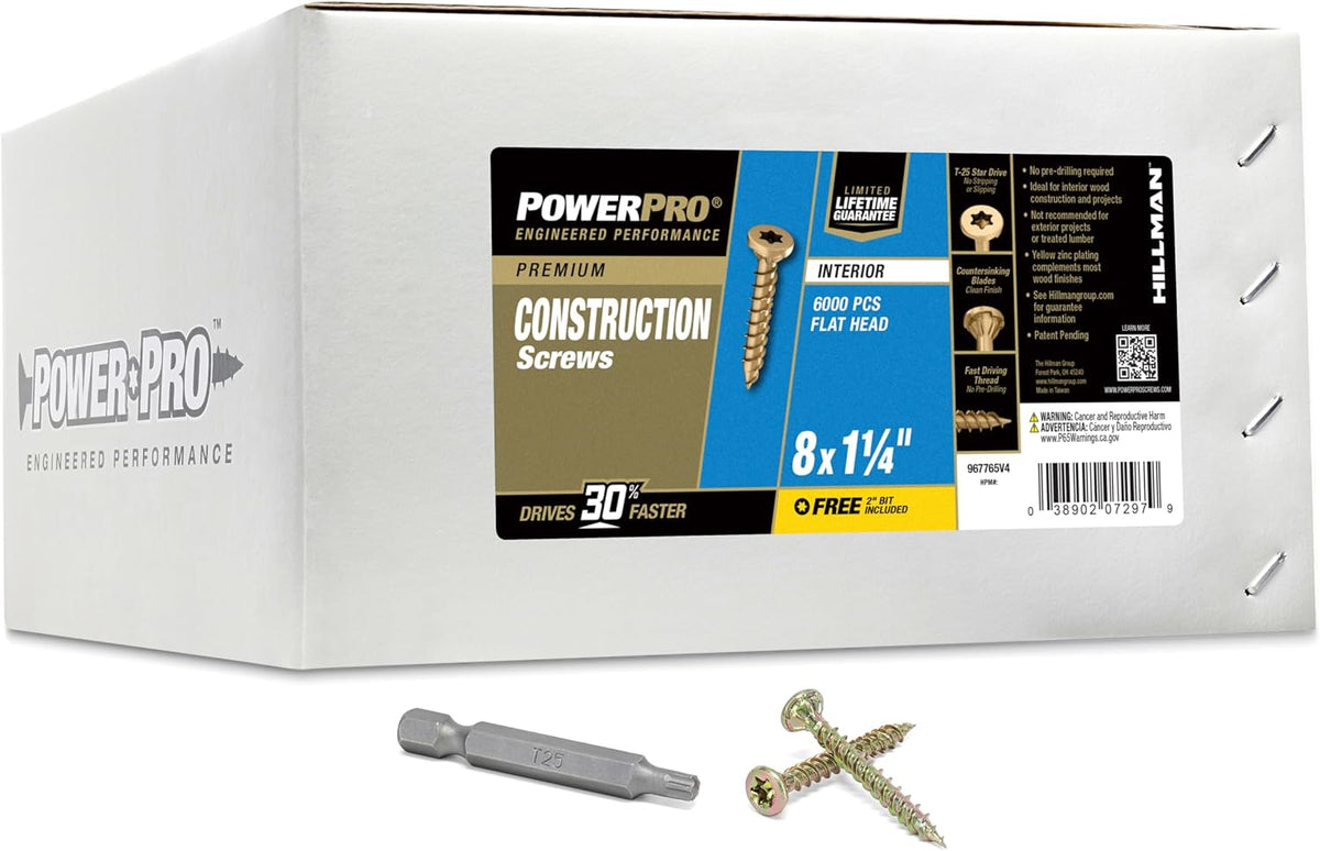 Power Pro 6000 Pc Interior Wood Screws (#8 x 1-1/4') | Star Drive Flat Head Fastening Screws | No Split Twist Shank Wood Screws for Framing Trim Cabinetry Interior Use
