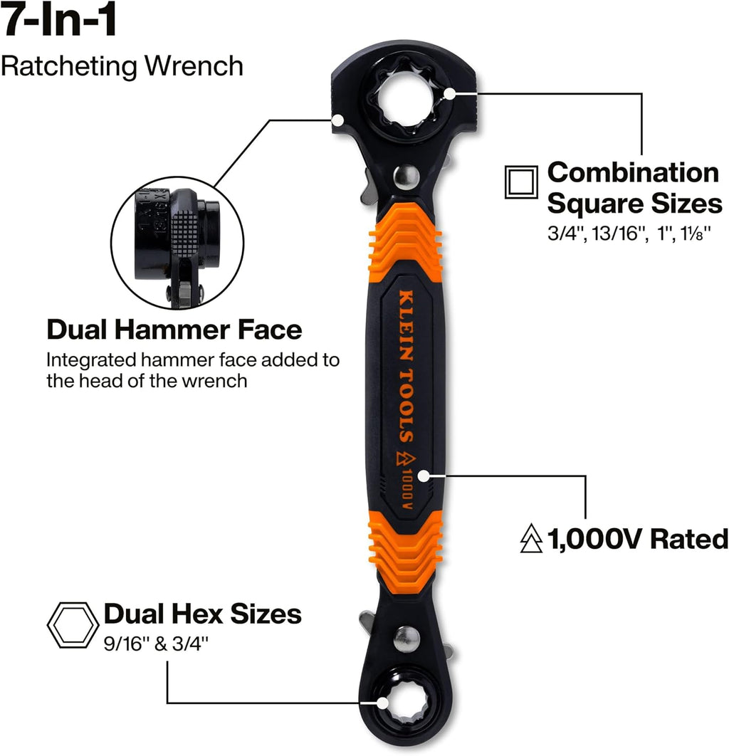 KLEIN TOOLS KT175HFINS 7-in-1 Insulated Lineman Wrench with Dual Hammer Faces, Ratcheting Pass-Through Design, 1000V Rated, Multi-Size Utility Wrench for Pole Hardware