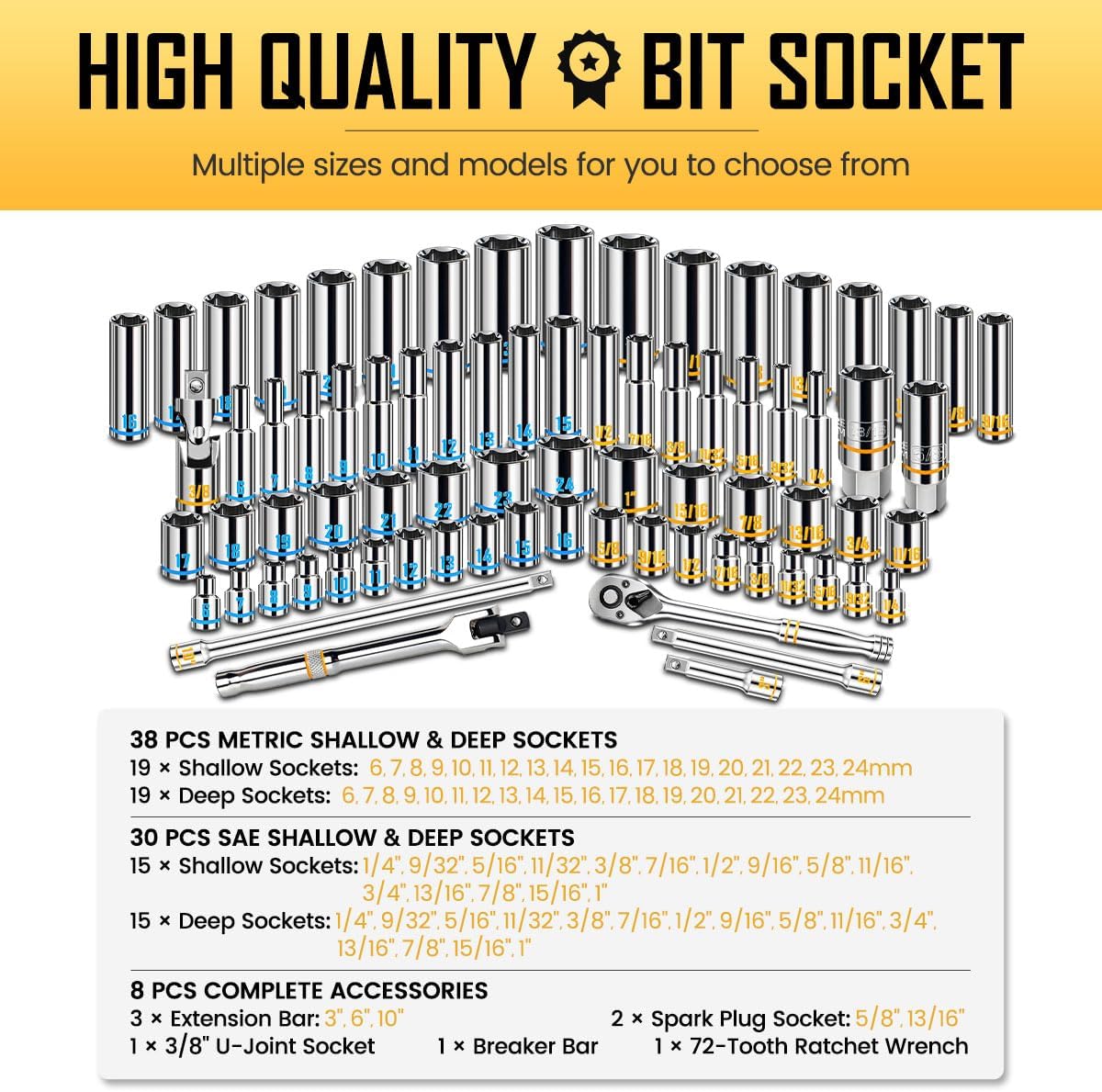 BOEN 3/8-Inch Drive Socket Wrench Set, 76-Piece Metric (6-24mm) & SAE (1/4' to 1'), Deep & Shallow Kit with Embossed & Painted Markings, Ratchet Handle, Spark Plug Sockets, Breaker Bar