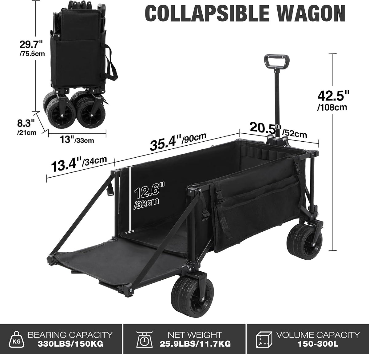 REDCAMP 49' Extra Long Collapsible Wagon Fishing Cart with Rod Holders, 330LBS Heavy Duty Extra Large Folding Utility Garden Cart with Tailgate and Pad for Grocery, Sport, Fishing