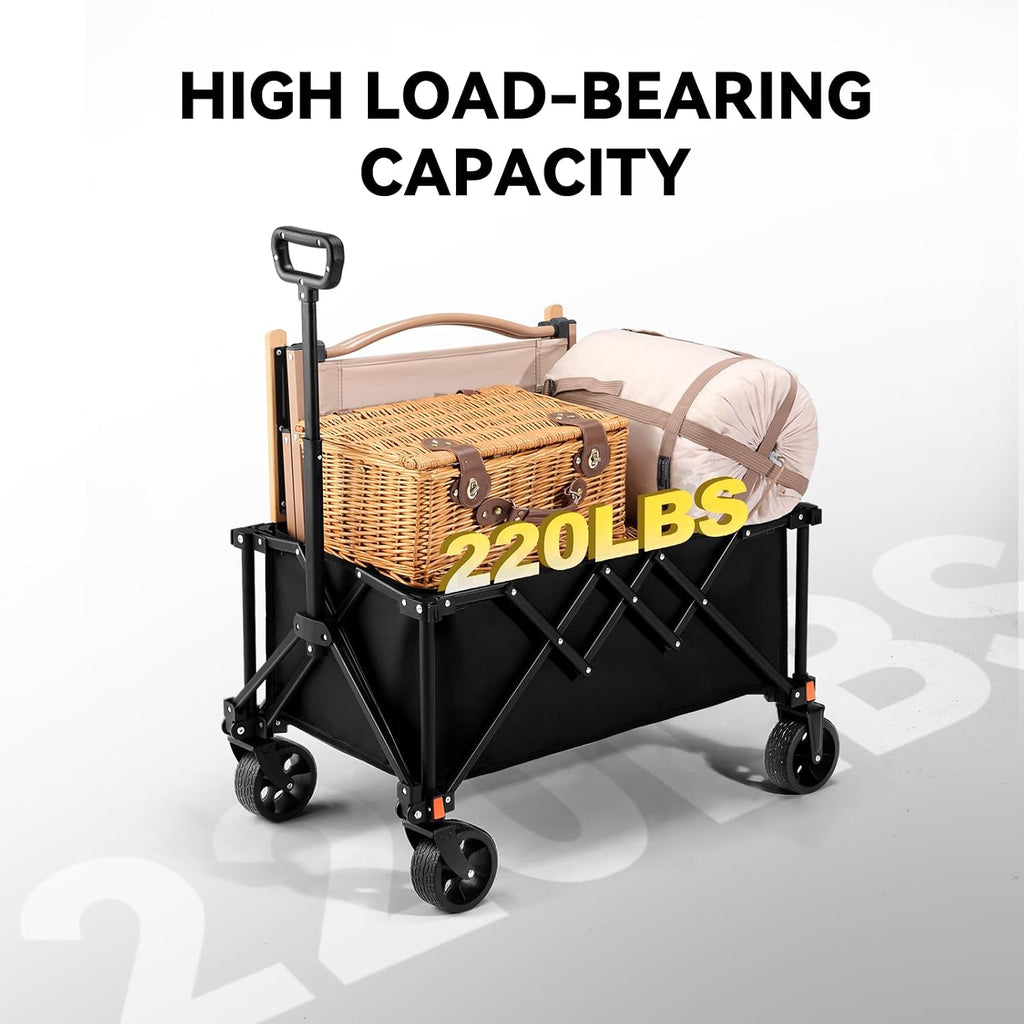 Collapsible Foldable Wagon Cart, Utility Garden Wagon with 220lbs Weight Capacity, Heavy Duty Lightweight Portable Grocery Wagon for Outdoor,Sports,Camping and Shopping, Black