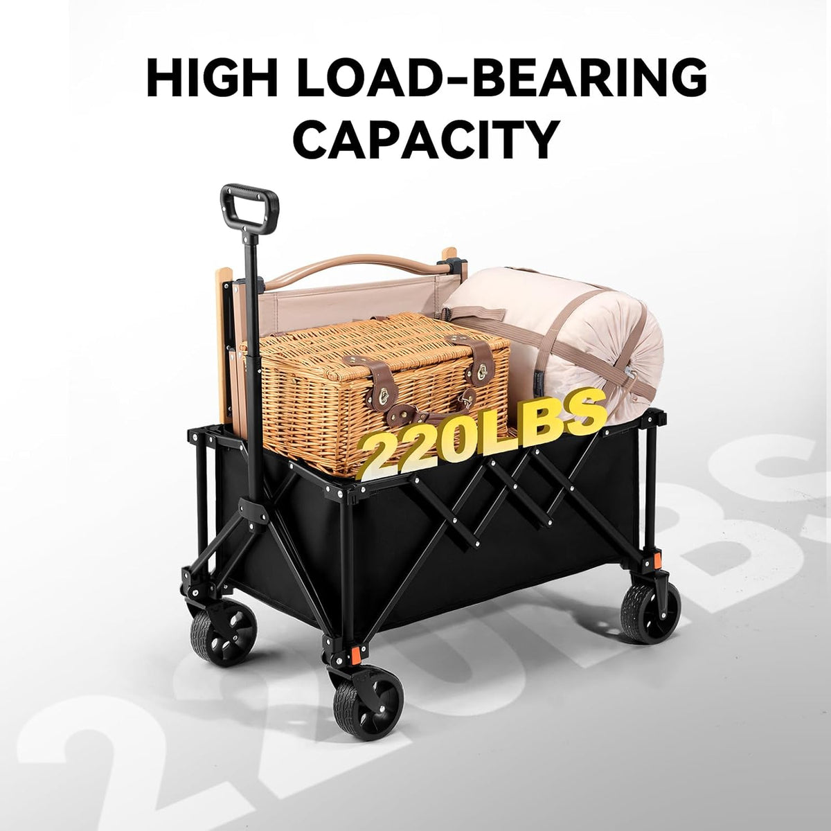 Collapsible Foldable Wagon Cart, Utility Garden Wagon with 220lbs Weight Capacity, Heavy Duty Lightweight Portable Grocery Wagon for Outdoor,Sports,Camping and Shopping, Black