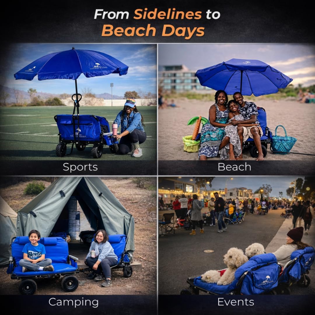 Lounge Wagon Patented 3-in-1 Wagon with Seats & Shade for Sports Families – Converts from Utility Wagon to 2-Person Chair – Beach, Soccer, Baseball & Camping (Umbrella Sold Separately)