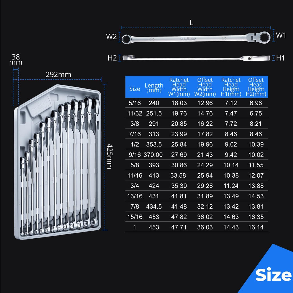 toolant Extra Long Ratcheting Wrench Set, Flex Head & Fixed Offset Head Double Box End Combination Wrench Set, CR-V Steel, SAE 5/16'-1', 13PCS with Storage Tray