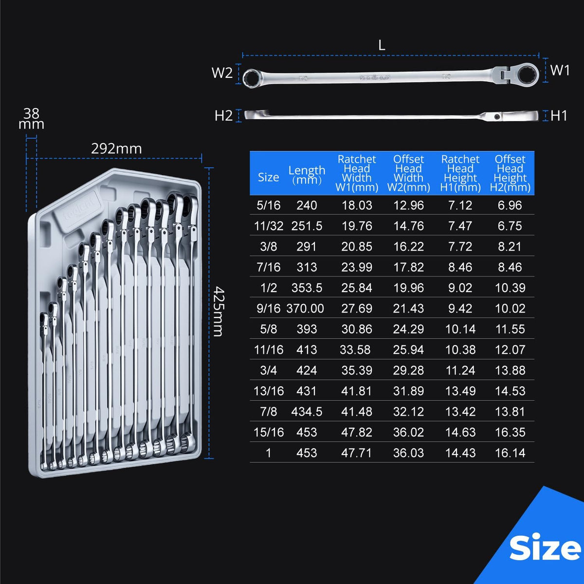 toolant Extra Long Ratcheting Wrench Set, Flex Head & Fixed Offset Head Double Box End Combination Wrench Set, CR-V Steel, SAE 5/16'-1', 13PCS with Storage Tray