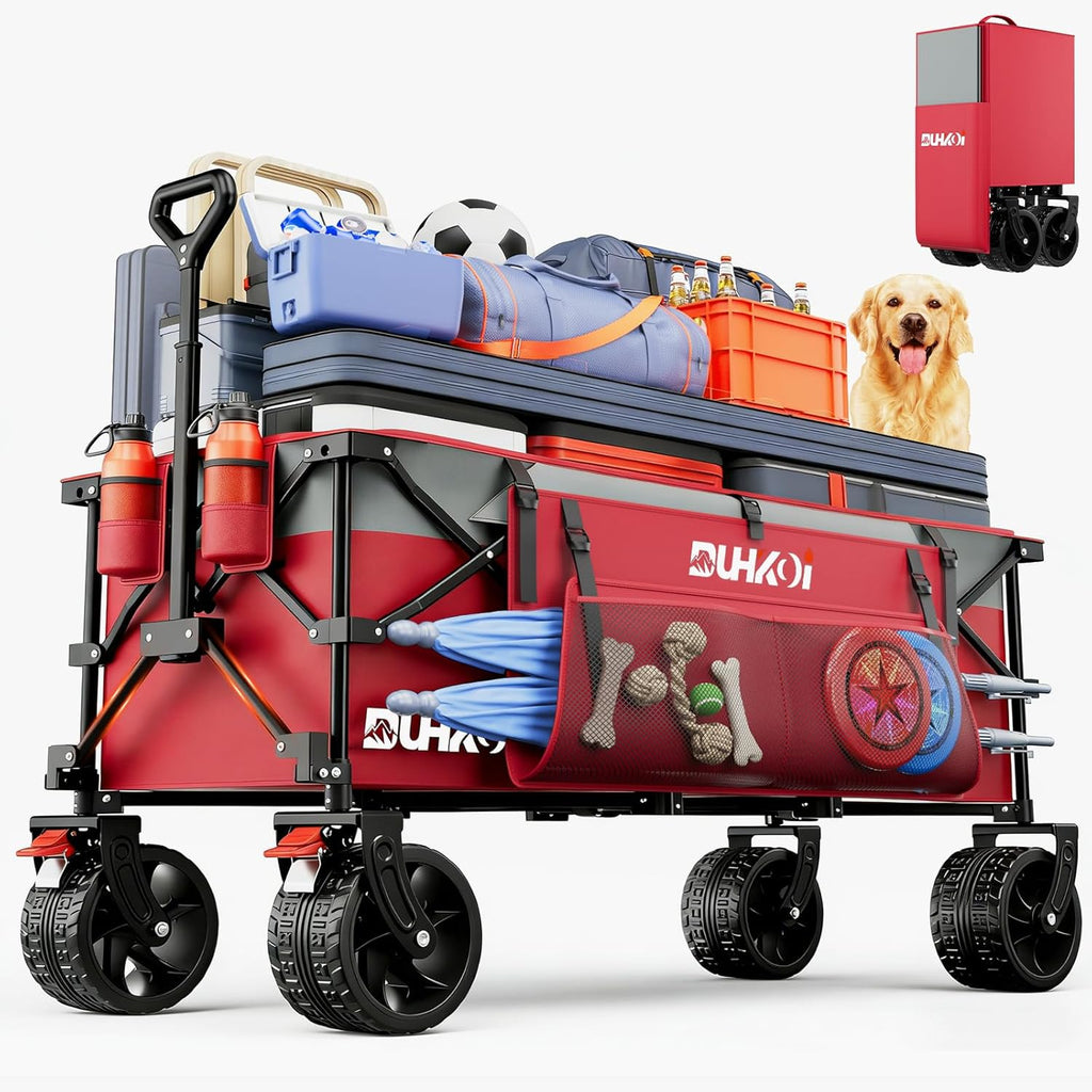49' L Collapsible Extended Wagon with 500lbs Weight Capacity,300L Heavy Duty Sports Wagon,Big All-Terrian Wheels with Cup Holders,Cart for Sports,Grocery,Shopping,(Rosepink)