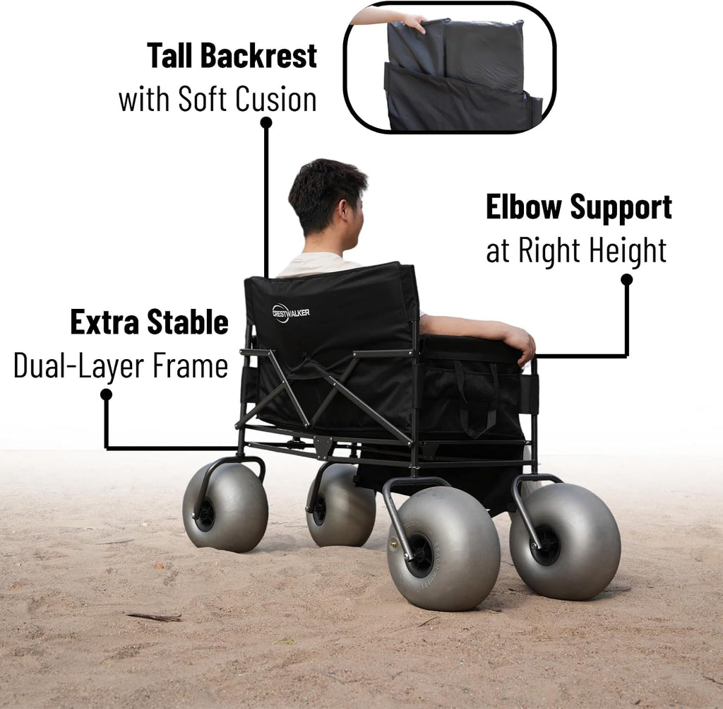 Beach Wagon with 13'' Balloon Wheels, Foldable Cart Converts into a 2-Person Sofa for Adults, Wheel Chair Wagon Bench Love Seat Combo with Big Wheels for Sand