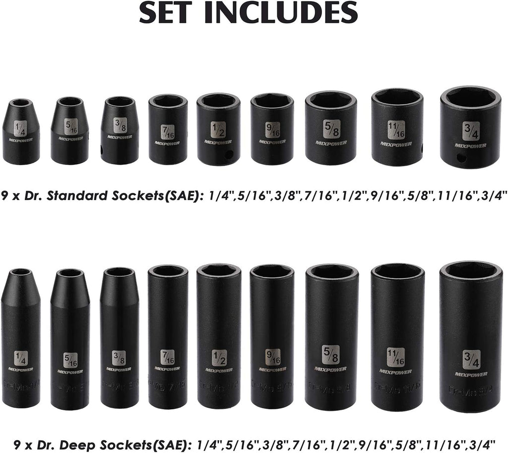 MIXPOWER 3/8'' Drive Master Impact Socket Set, 87-Piece Deep & Standard SAE and Metric,CR-MO, 1/4-Inch to 3/4-Inch and 6-19 mm, Impact Universal Sockets, Inverted Star Sockets, Extension Bar & Adapter