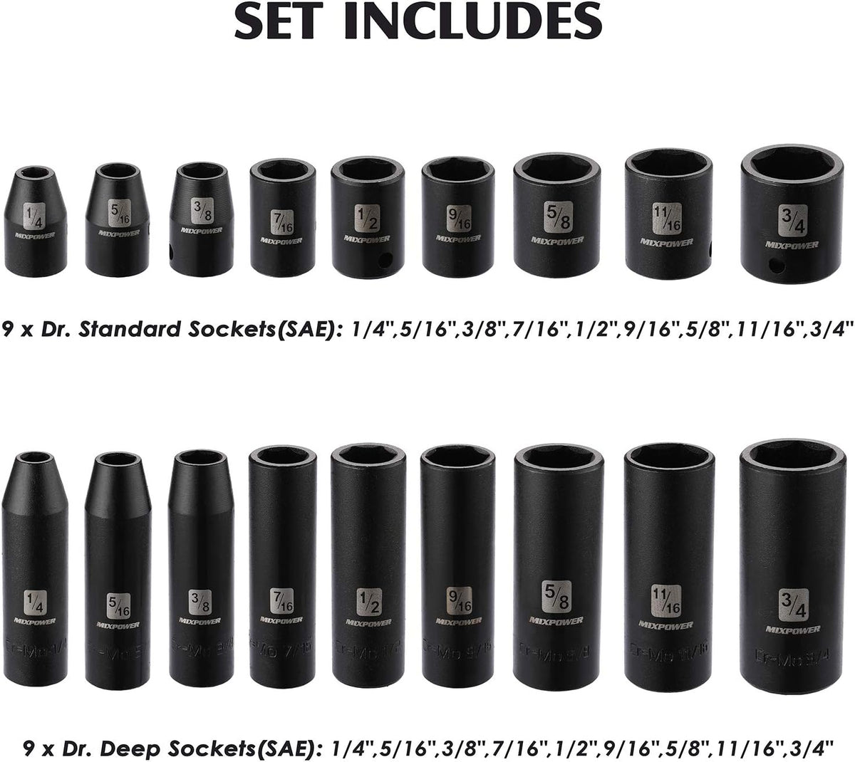 MIXPOWER 3/8'' Drive Master Impact Socket Set, 87-Piece Deep & Standard SAE and Metric,CR-MO, 1/4-Inch to 3/4-Inch and 6-19 mm, Impact Universal Sockets, Inverted Star Sockets, Extension Bar & Adapter