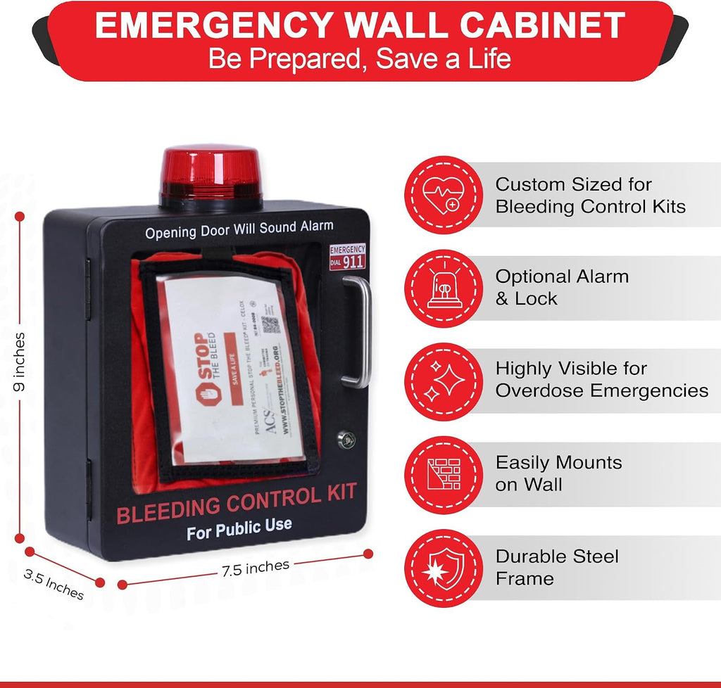 Bleeding Control Kit Emergency Wall Mount Cabinet | Fits Most Standard Bleeding Kits Including Stop the Bleed | Bleeding Kit not Included (Black)