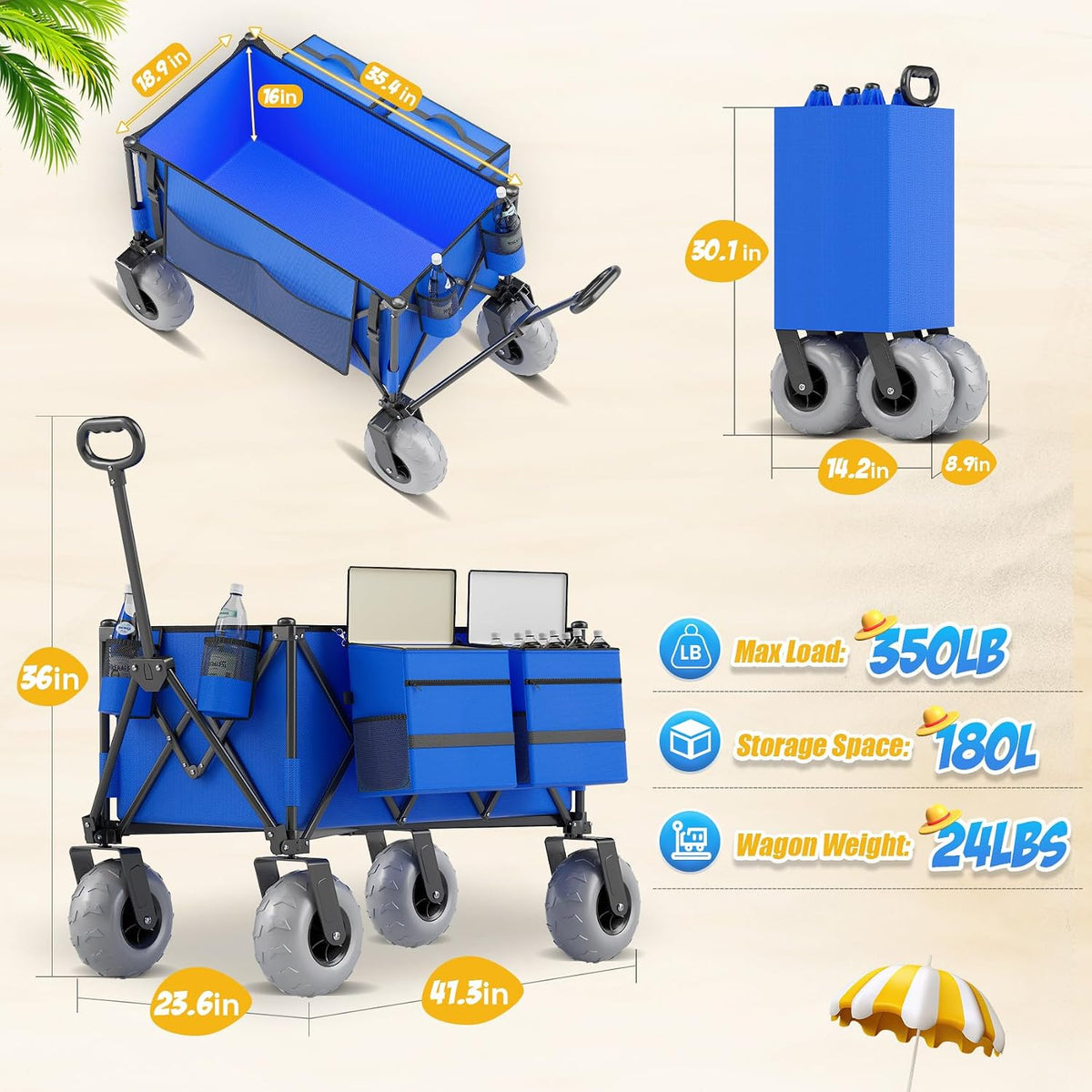Beach Wagon with Big Wheels for Sand, 350lbs Heavy Duty Folding Wagon, Oversized 180L, 9' PVC All-Terrain Wheels, Adjustable Handle, Cooler & Storage Bags for Beach, Camping & Outdoor Sports (Blue)
