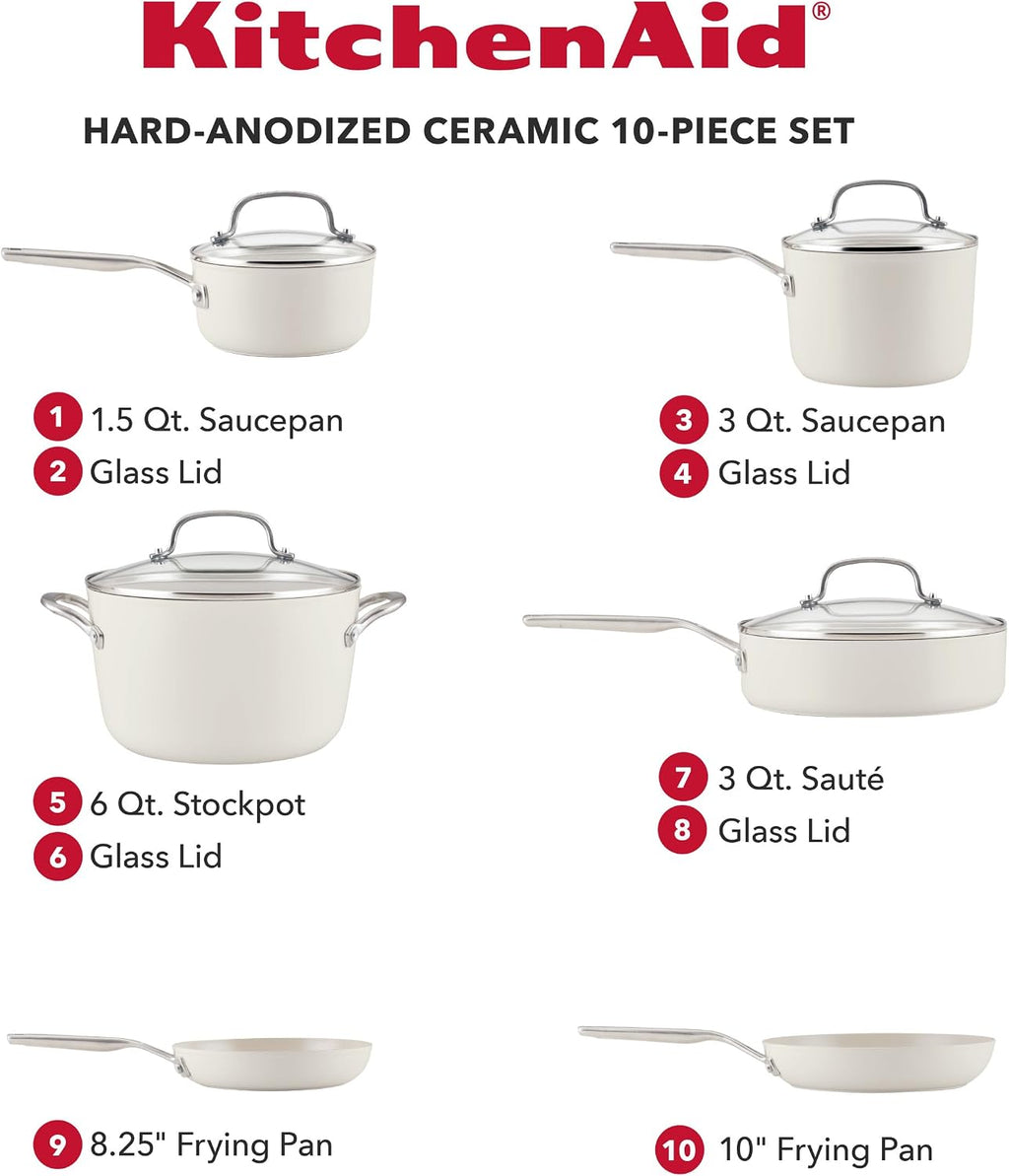 KitchenAid Hard Anodized Ceramic Nonstick Pots and Pans Set with Saucepans, Frying Pans, Stockpot, and Lids, 10 Piece Non Stick Cookware Set with Stainless Steel Handles - Porcelain White