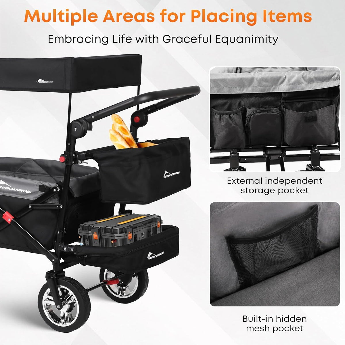 Wagon Stroller with Canopy,330lbs Cart, Collapsible Foldable Garden Cart- with Adjustable Push Pulling Handles Outdoor Utility Wagon for Beach Garden Camping, Black