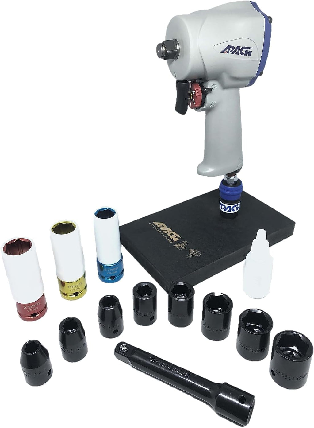 Apach Stubby Air Impact Wrench Set, Jumbo Hammer, High Torque, 1/2-Inch,1/2' Impact Sockets, Wheel Sockets, 5' Extension Bar (AW050G-SET)