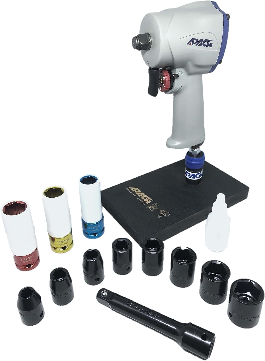 Apach Stubby Air Impact Wrench Set, Jumbo Hammer, High Torque, 1/2-Inch,1/2' Impact Sockets, Wheel Sockets, 5' Extension Bar (AW050G-SET)