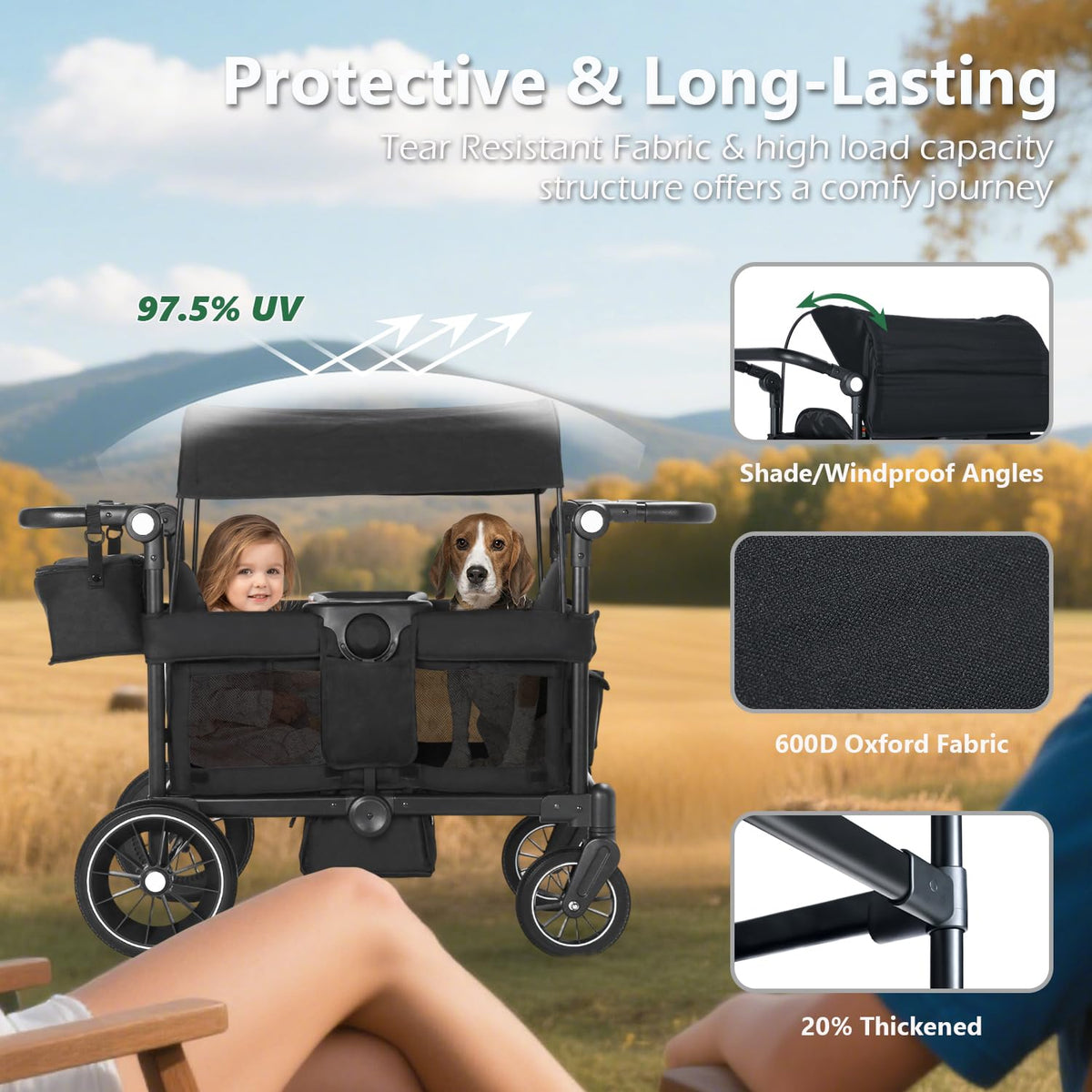 Kinder King Folding Wagon Stroller for 2 Kids, All-Terrain 2 Seater Stroller Wagon Outdoor, Removable Canopy, Adjustable Handle, Shock-Absorbing Wheel, Detachable Tray, Parent Organizer, Black