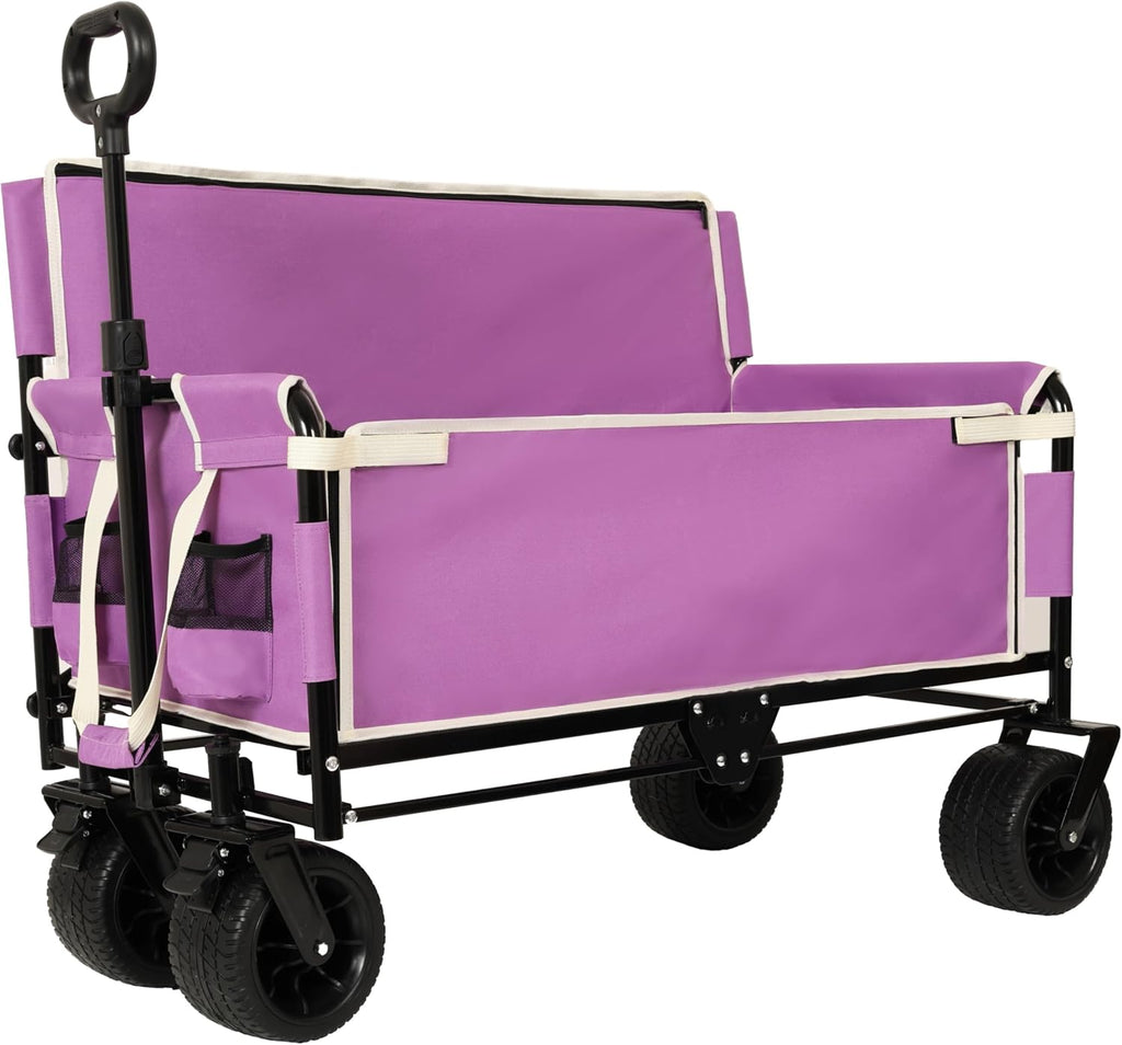 3-in-1 Heavy-Duty Convertible Folding Wagon Cart with Bench Seat & Storage – 500lb Capacity, 180L All-Terrain Wagon for Camping, Beach, Sports, & Garden – 360° Swivel Wheels (Purple)