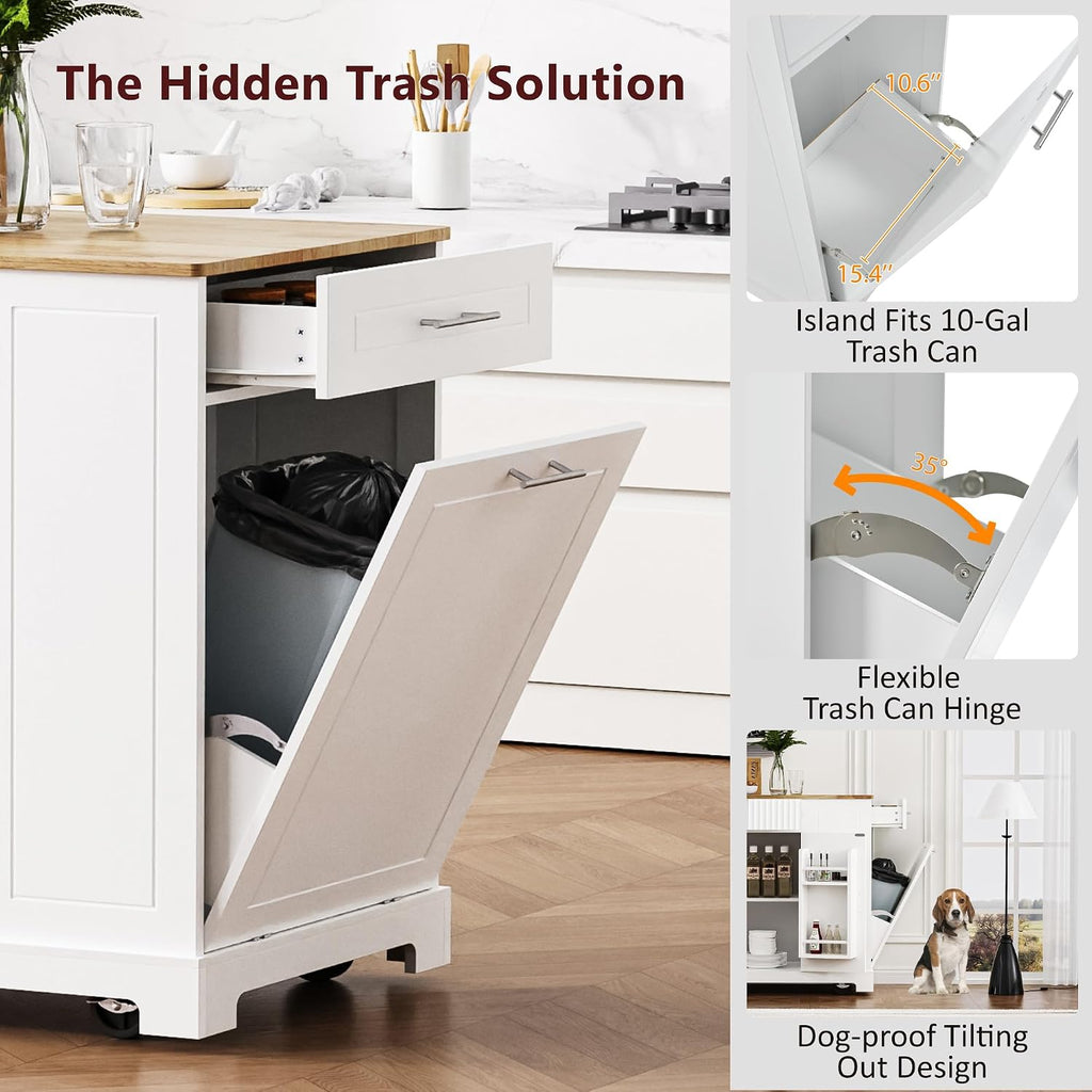 Fluted Rolling Kitchen Island Cart on 5 Wheels with Trash Can Storage Cabinet, Power Outlet, 3 Drawer, 3 Open Side Racks, 10 Gallon Garbage Bin for Kitchen, Dining Room, White