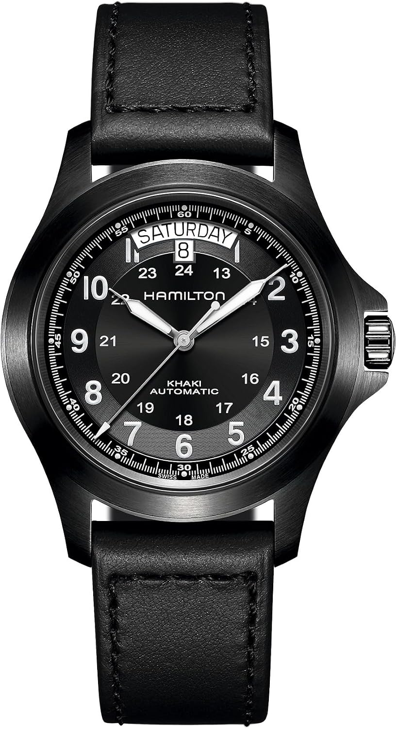 Hamilton Khaki Field King Automatic Men's Watch, 40mm Stainless Steel Case, Swiss Made, Black Dial Analog Wrist Watch for Men, 50m Waterproof, Sapphire Crystal, Calf Leather Strap