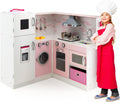 HONEY JOY Pink Corner Kids Kitchen Playset, Wooden Play Kitchen for Toddlers, Washing Machine, Range Hood, Water Dispenser, Cookware, Apron, Little Chef Pretend Toy Kitchen Set w/Lights & Sounds