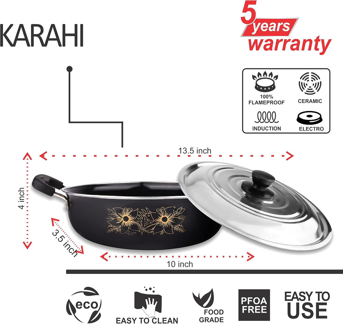 5 Piece Kitchen Accessories Set | Non Stick Induction Friendly Cookware | Kadai with Lid , Fry Pan , Tawa , Sauce & Tadka Pan | Ceramic Hard Anodized | Cast Iron Utensils