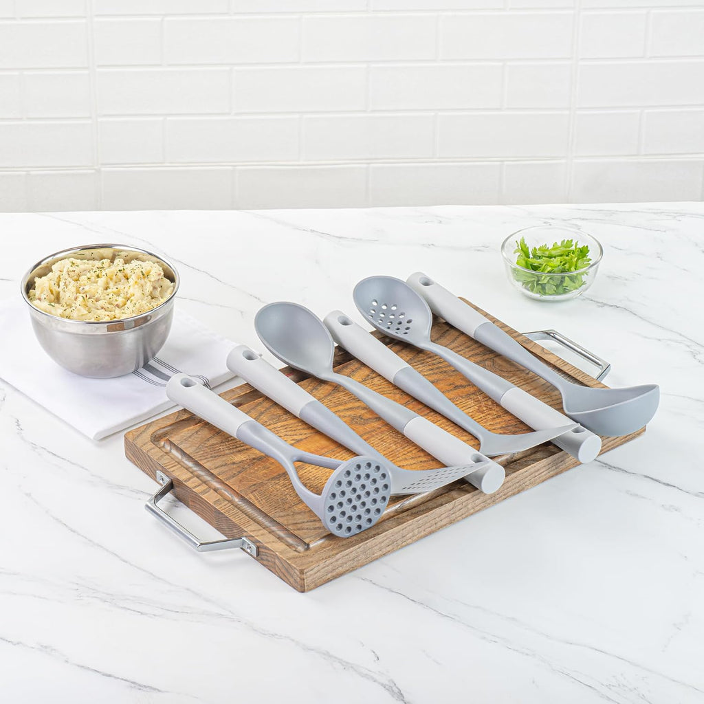 Restaurantware Silicone Utensil Set Pack of 10 Non-Slip Handle 6-Piece Nylon Kitchen Tool Set, Heat-Resistant Dishwasher-Friendly Cooking Accessories, Durable Gray and White Cooking Utensils