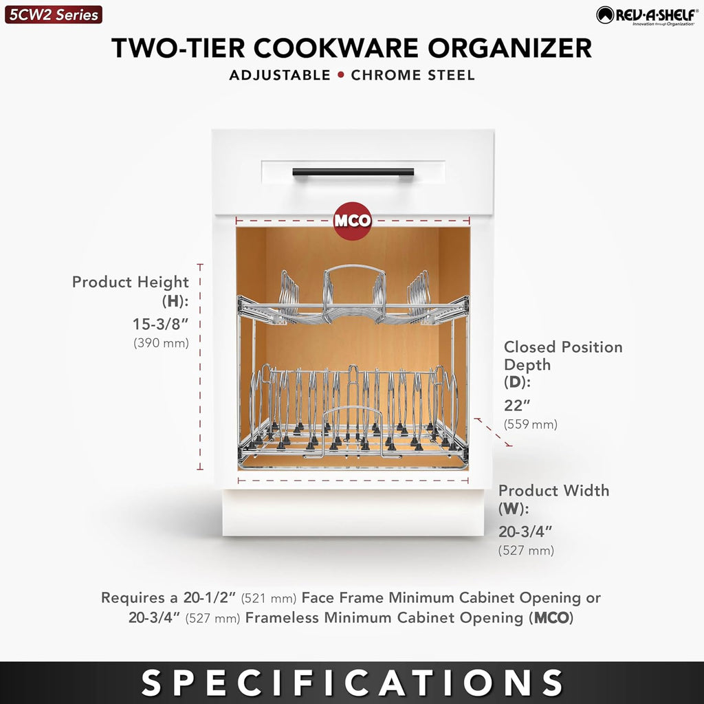 Rev-A-Shelf 2-Tier Kitchen Cabinet Pullout, Cabinet Organizer for Pots, Pans, and Lid Cookware, Adjustable Heavy Duty Wire, Chrome, Min Opening Width of 20.5', 5CW2-2122-C